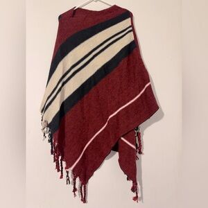 Janice Apparel Red & Black Poncho w/ Multicolor Stripes & Tassel Trim
